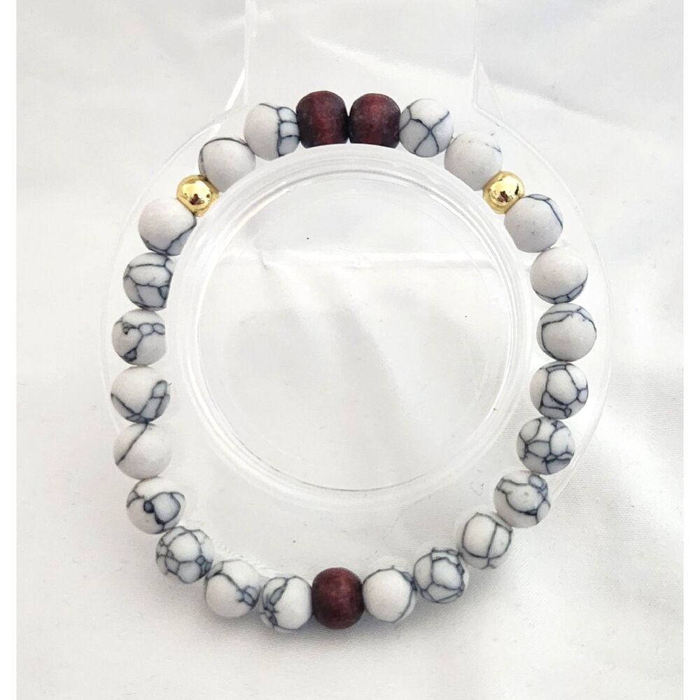 White Howlite Gemstone Bracelet w/ Wood & Gold Accents – Handmade